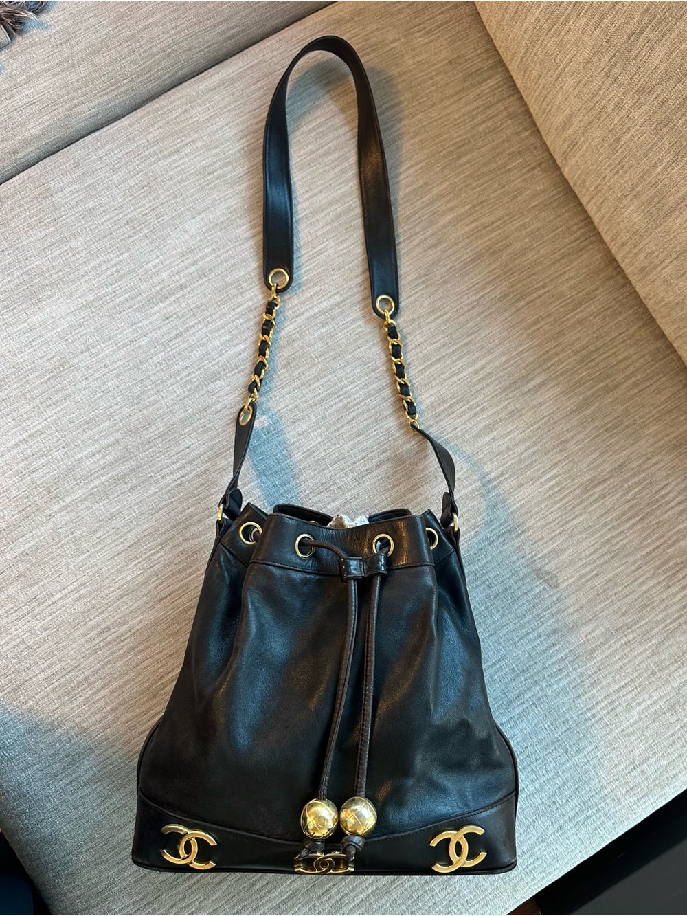 CHANEL Black Leather Drawstring Bucket Bag with Gold Hardware
